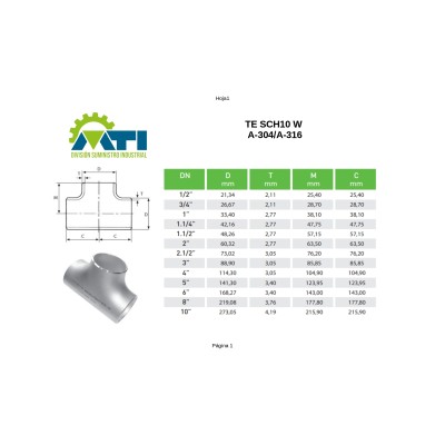 Te de acero inoxidable soldada serie Sch-10 para soldar